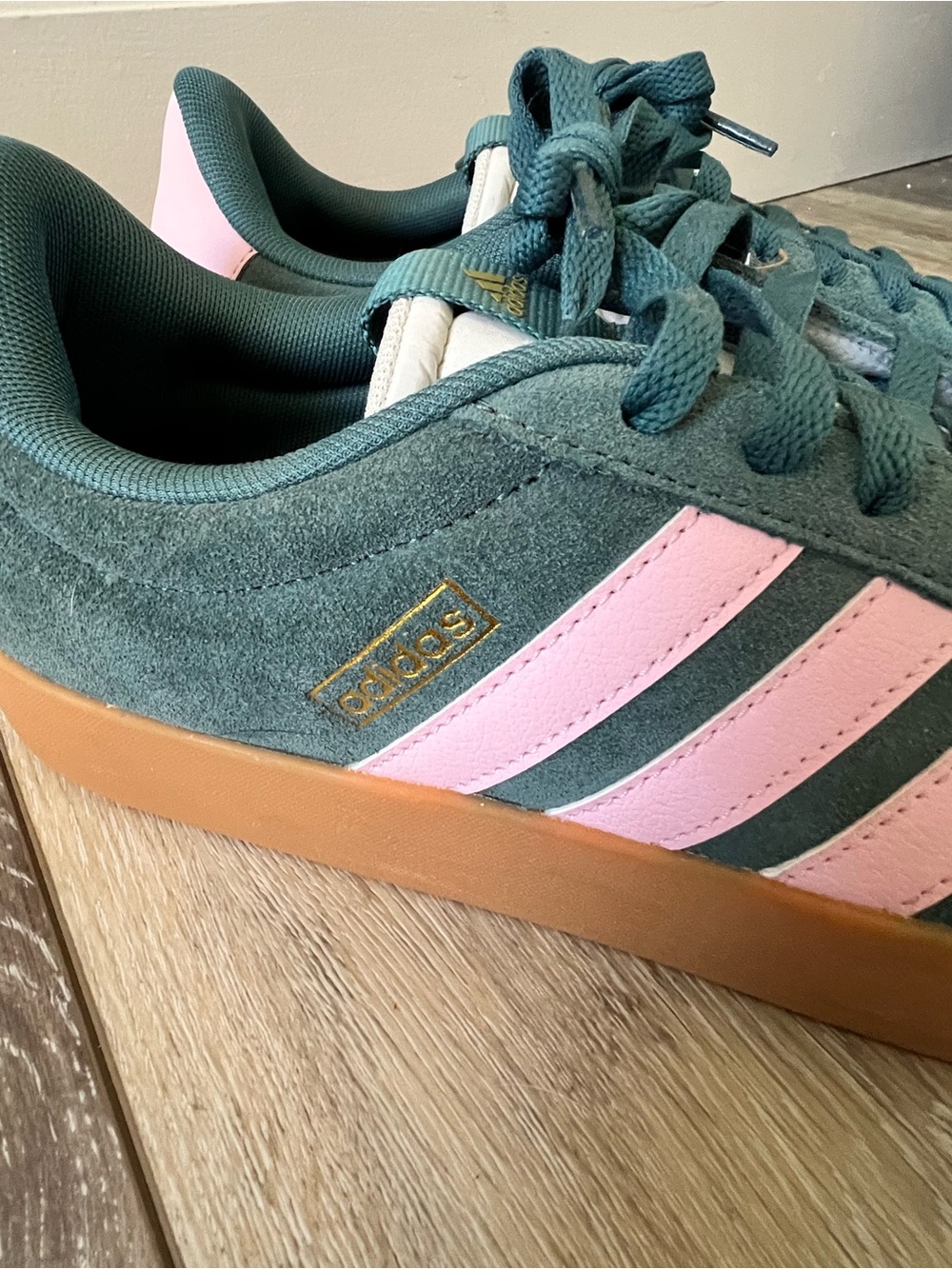 adidas Women Teal Suede Sneakers with Pink Stripes and Gum Sole - Picture 2 of 9